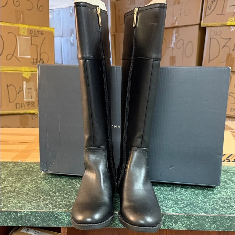 Tommy Hilfiger Black Knee-High Riding Boots with Logo Accent
